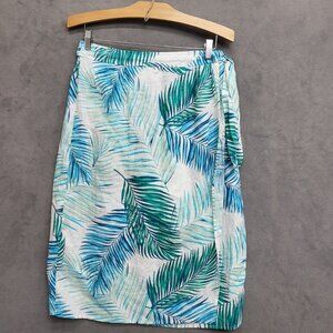 TAHARI Womens 100% Linen Palm Leaf Wrap Midi Skirt With Elastic Back Size Large‎